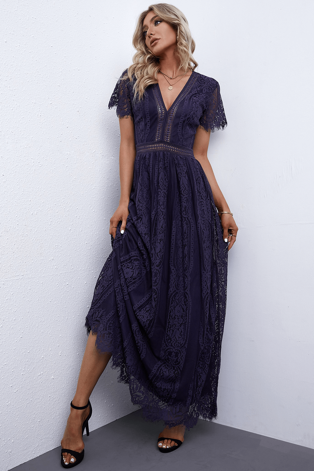 NOVAE | Lace Plunge Dress with Wavy Hem