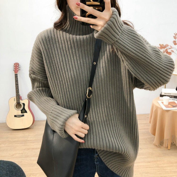 Women's chunky knit sweater with high collar and fine rib texture NOVAE