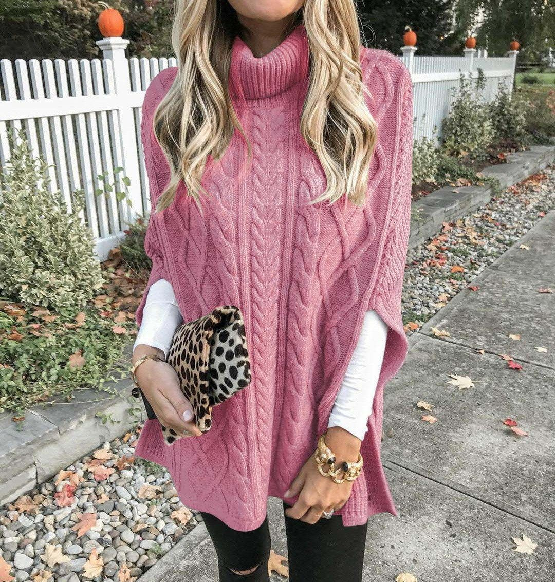 Women's knitted poncho with high collar and decorative cable pattern NOVAE