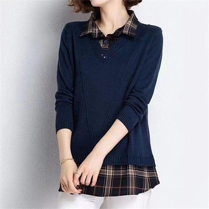Women's layered knit sweater with V-neck and trendy shirt blouse NOVAE