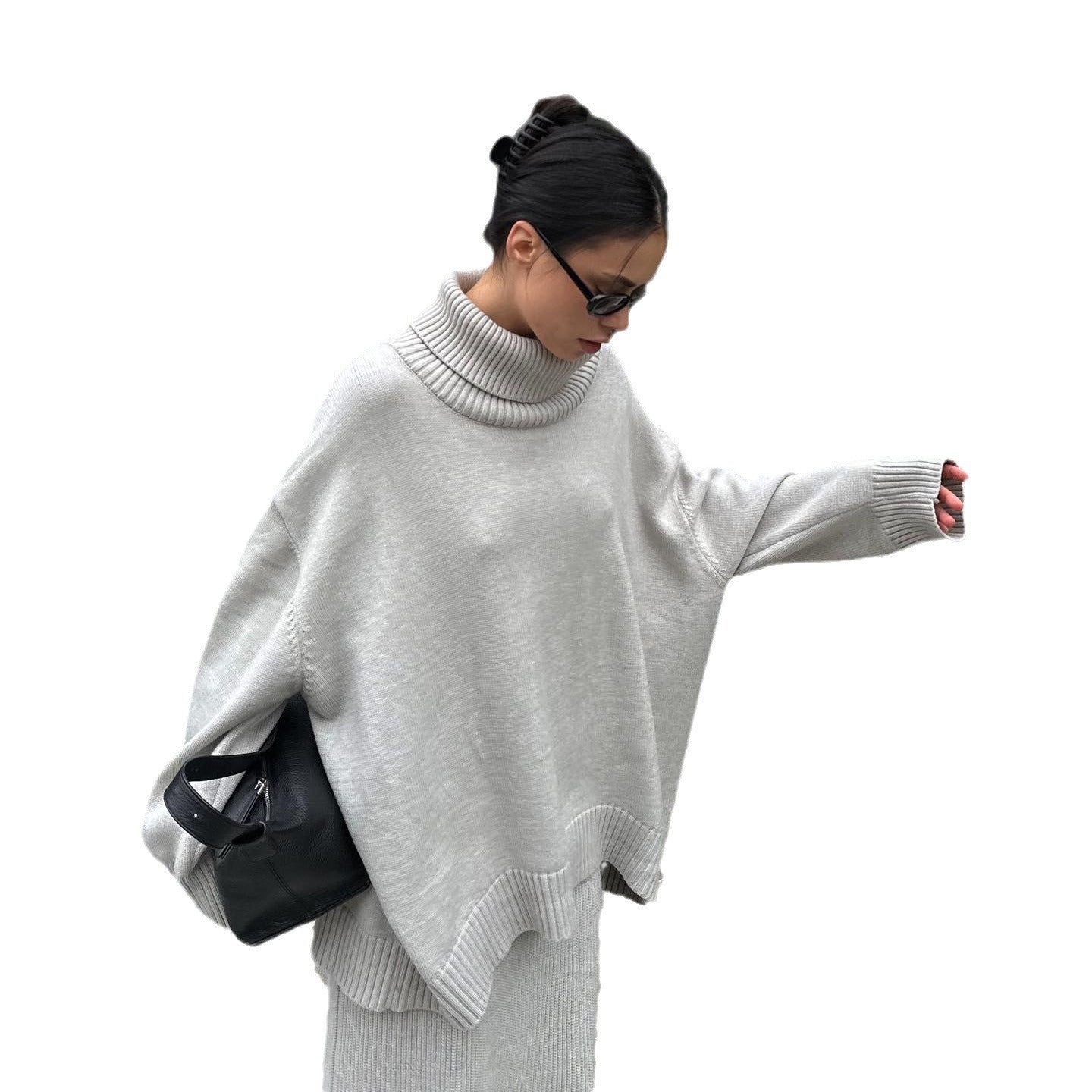 Women's comfortable knit suit with high collar and flared trousers NOVAE