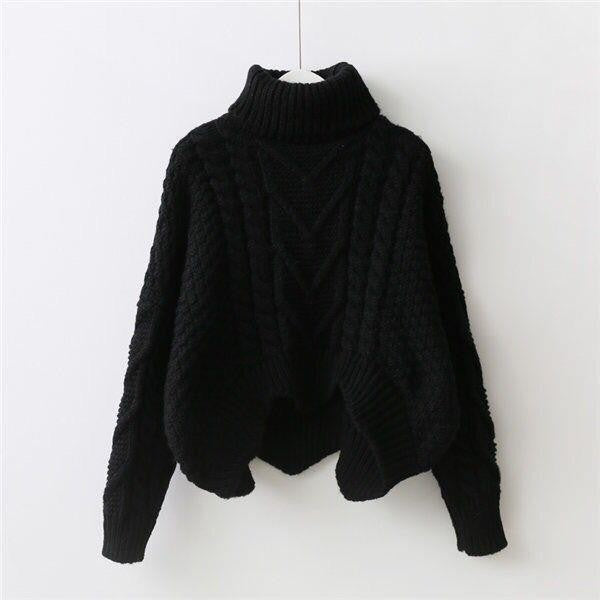 Women's chunky knit sweater with high collar and cable pattern NOVAE
