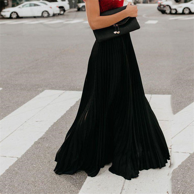 Women's Long Pleated Skirt with Elastic Waistband and Flowing Fabric NOVAE