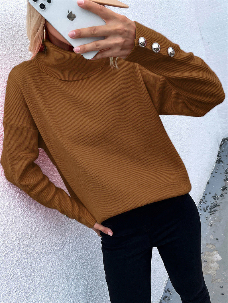Women's roll-neck sweater with striped design and decorative buttons NOVAE