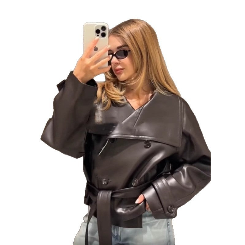 Women's trendy leather jacket with chic throw design NOVAE