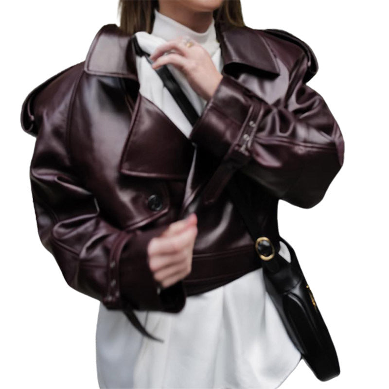Women's trendy faux leather jacket with broad shoulders and classic collar NOVAE