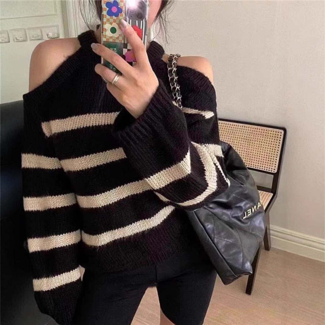 Women's off-the-shoulder knit sweater with striped pattern and relaxed fit NOVAE
