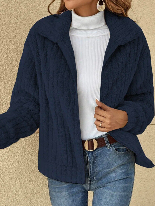 Women's Cozy Fleece Jacket with High Collar and Textured Design NOVAE