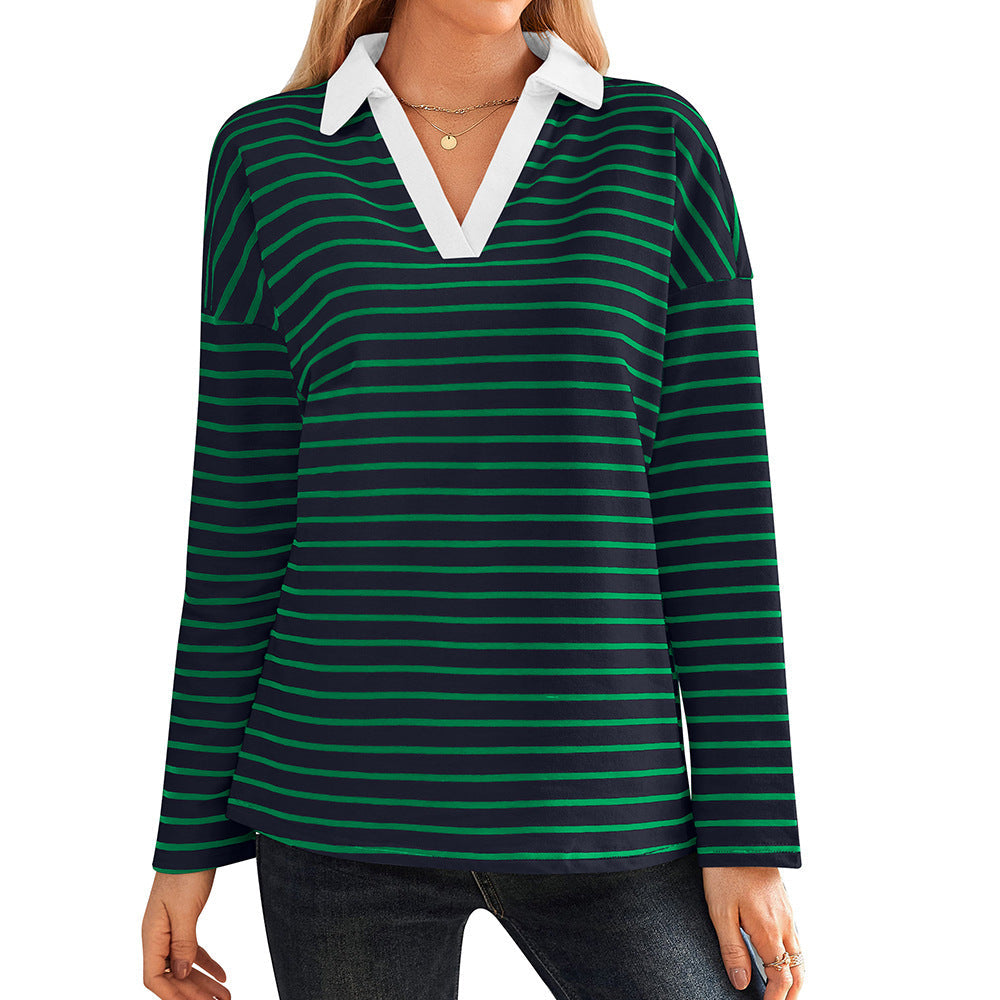 Women's striped polo shirt with V-neck and contrasting collar NOVAE