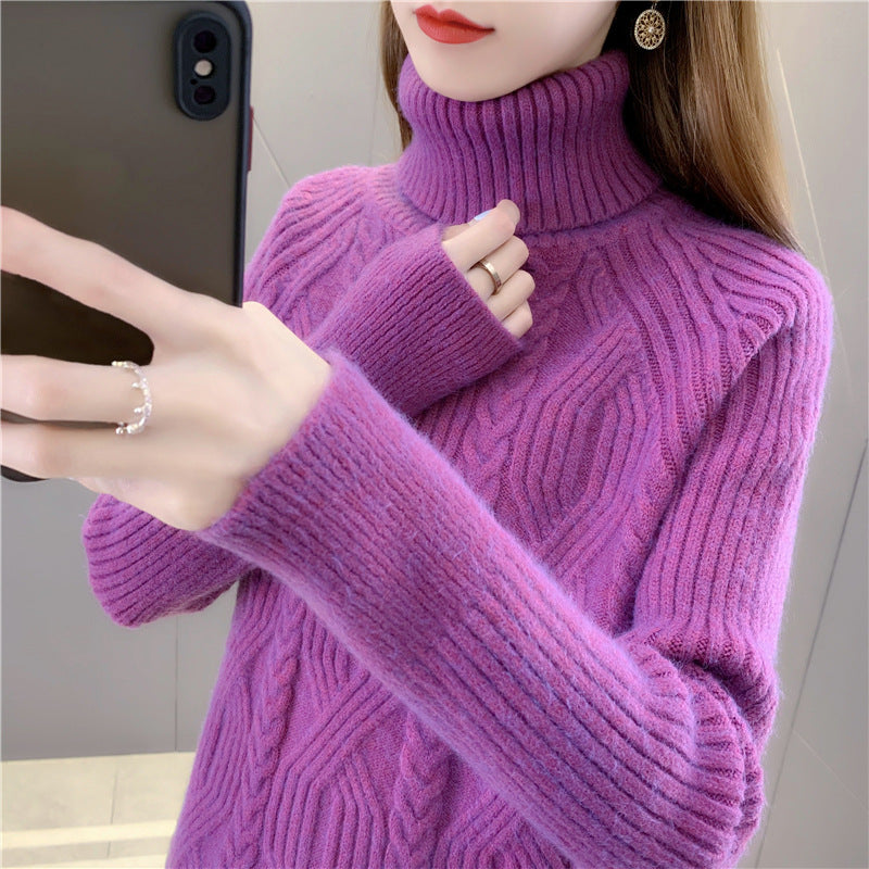 Women's knitted sweater with high collar and fine cable pattern NOVAE