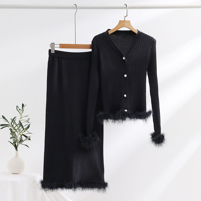 Women's knit ensemble with fine fur trim NOVAE