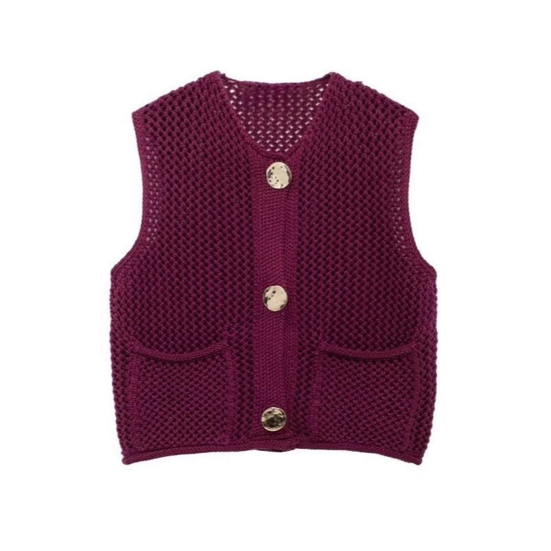 Women's knitted vest with a coarse mesh design and practical pockets NOVAE