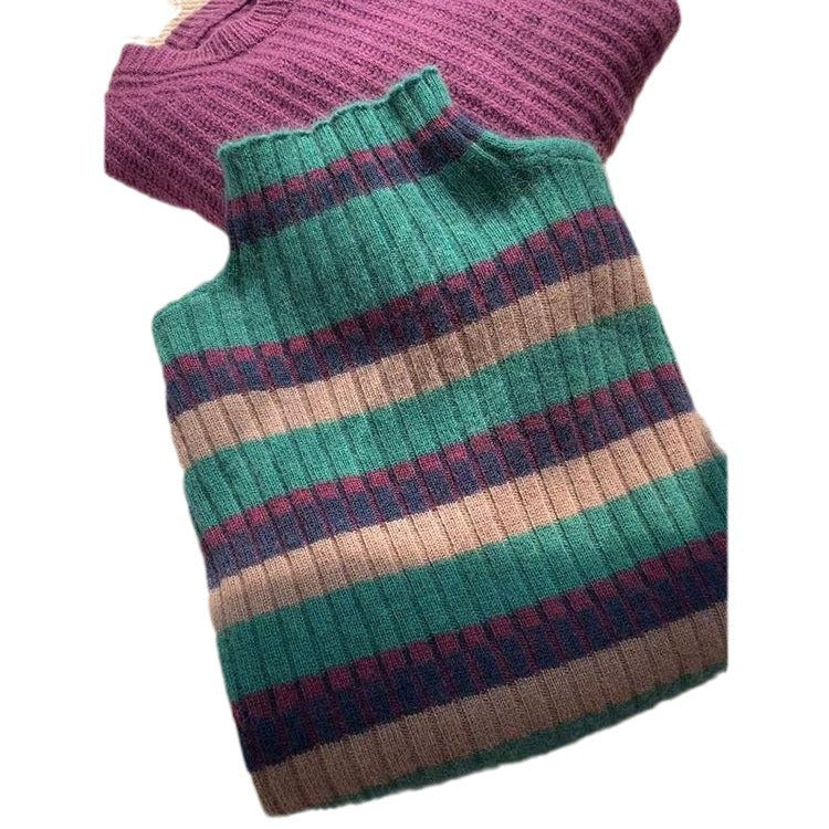 Women's ribbed knit sweater with high collar and fashionable striped pattern NOVAE