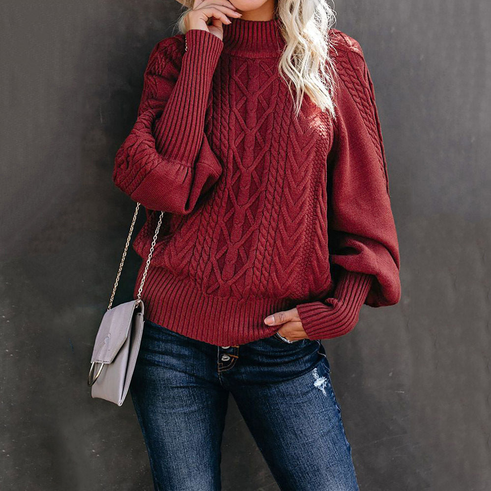 Women's chunky knit sweater with high collar and balloon sleeves NOVAE