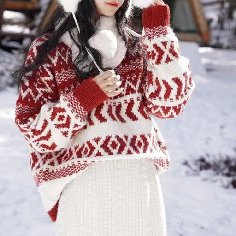 Women's cozy Norwegian sweater with decorative pattern and voluminous sleeves NOVAE