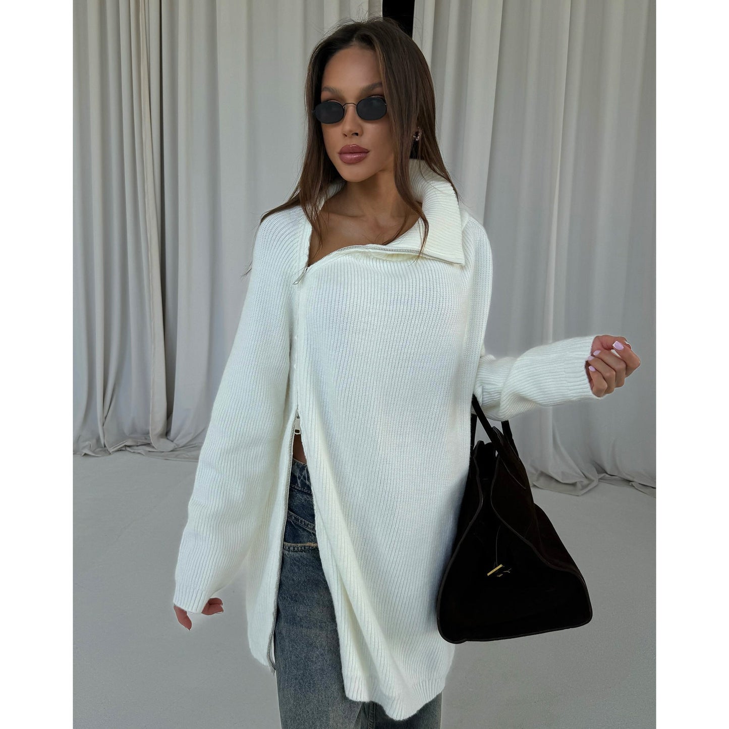 Women's Oversized Knit Sweater with Modern Stand-Up Collar NOVAE