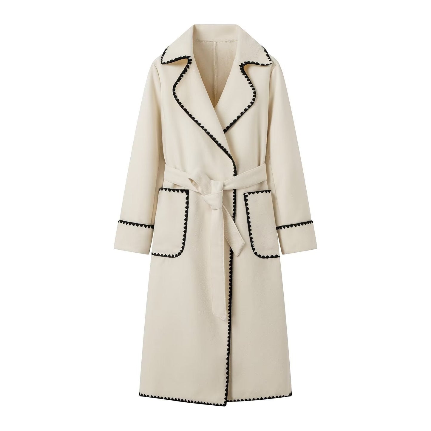 Women's elegant long coat with tie belt and contrasting piping NOVAE