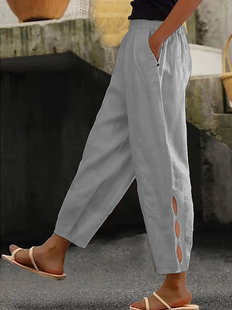 Women's lightweight linen trousers with side slits and elasticated waistband NOVAE
