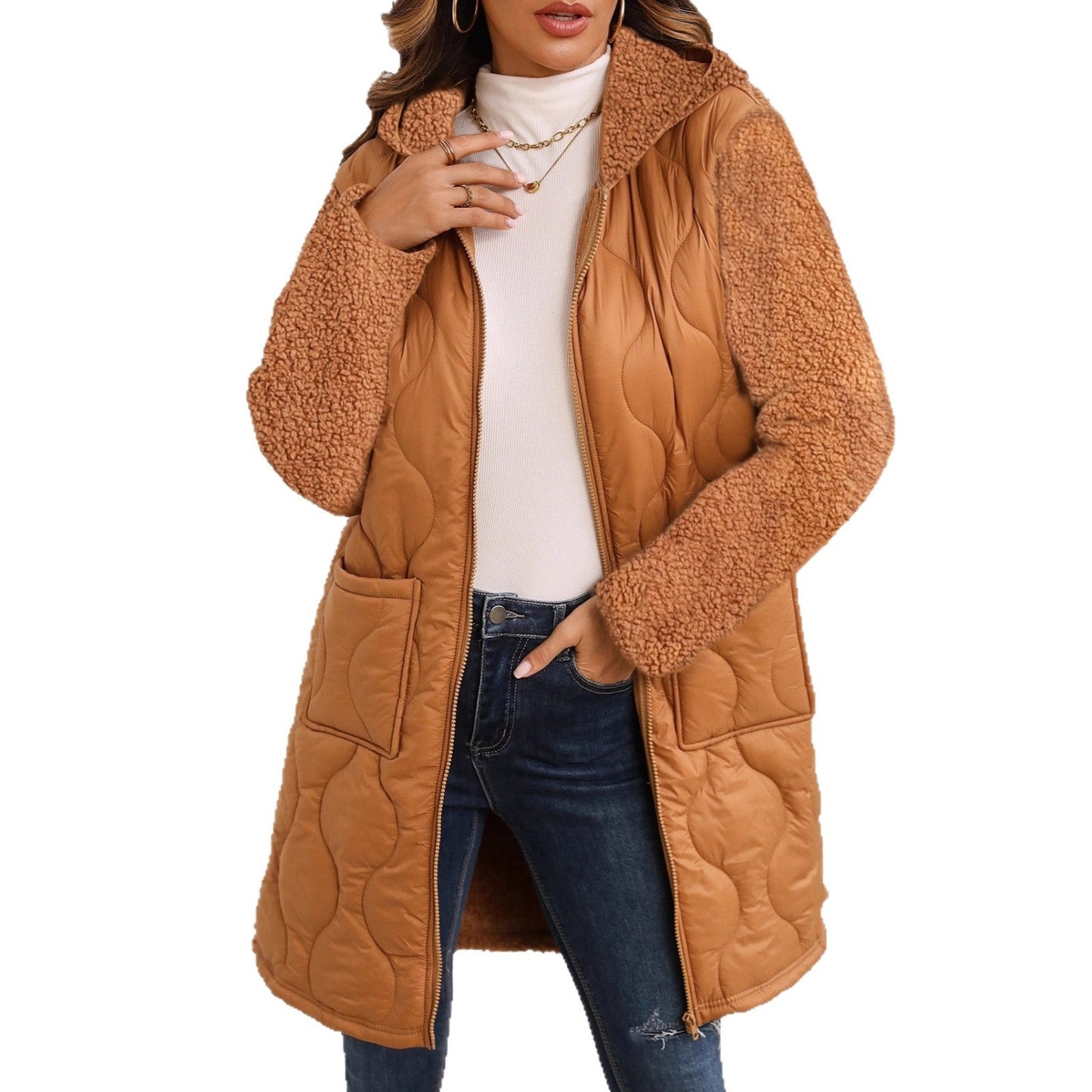 Women's long jacket with teddy-like lining and practical pockets NOVAE