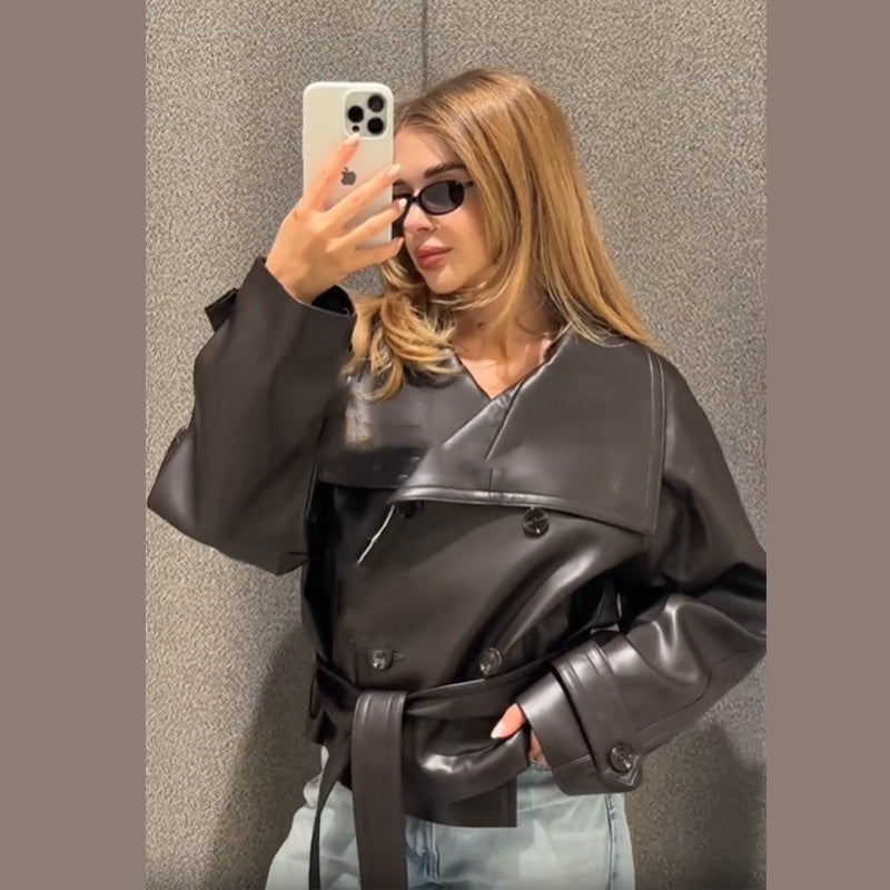 Women's Fashionable Cropped Leather Jacket with Double Button Placket and Wide Collar NOVAE
