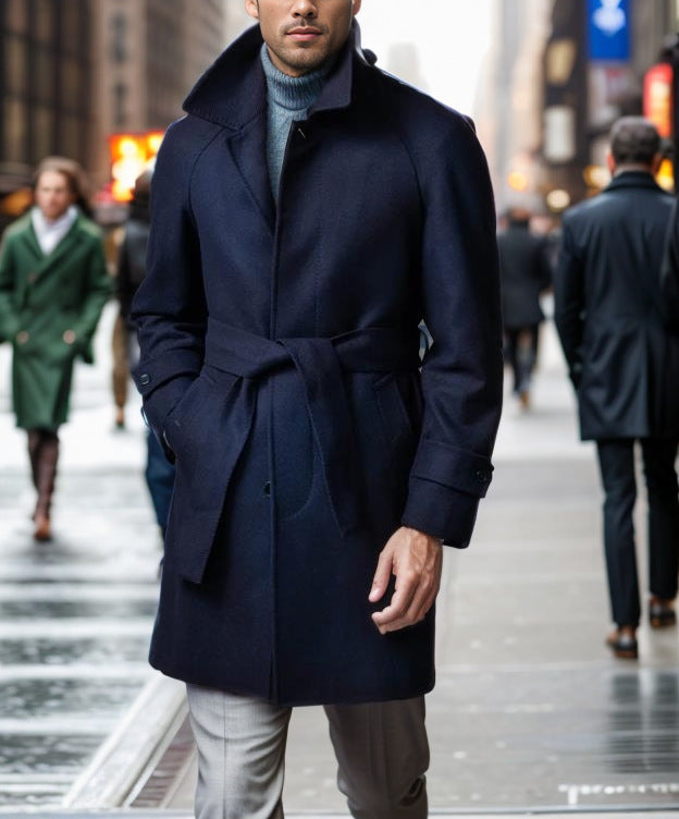 Men's fashionable wool trench coat with tie belt and large pockets NOVAE