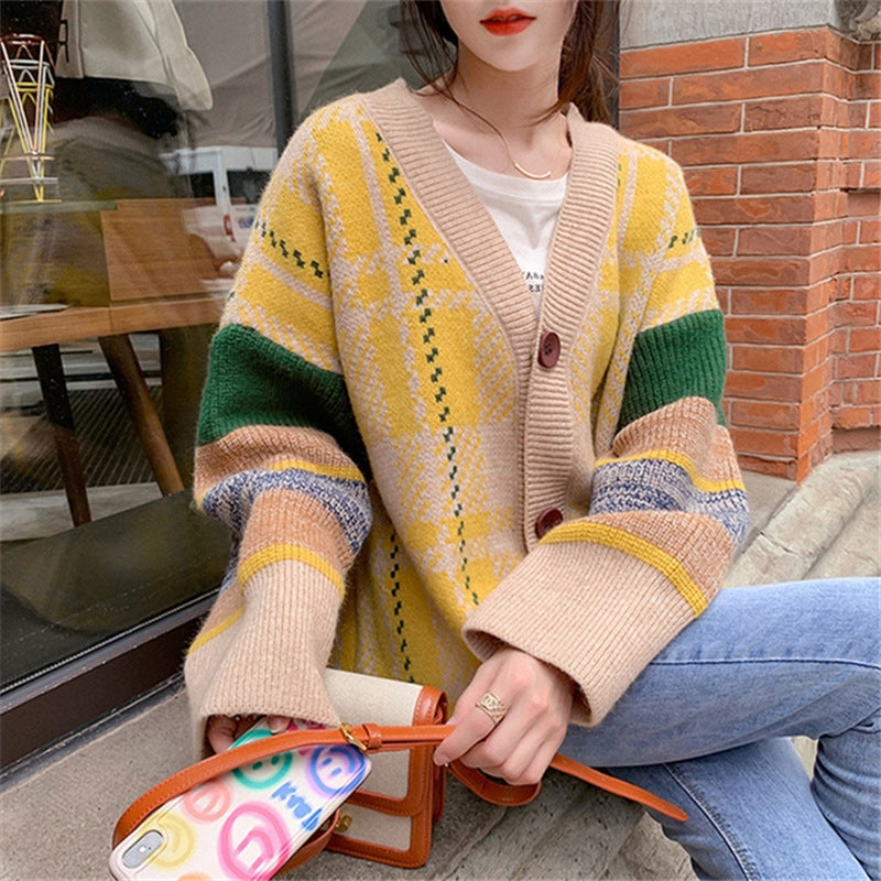 Women's chunky knit cardigan with colorful check pattern and large wooden buttons NOVAE