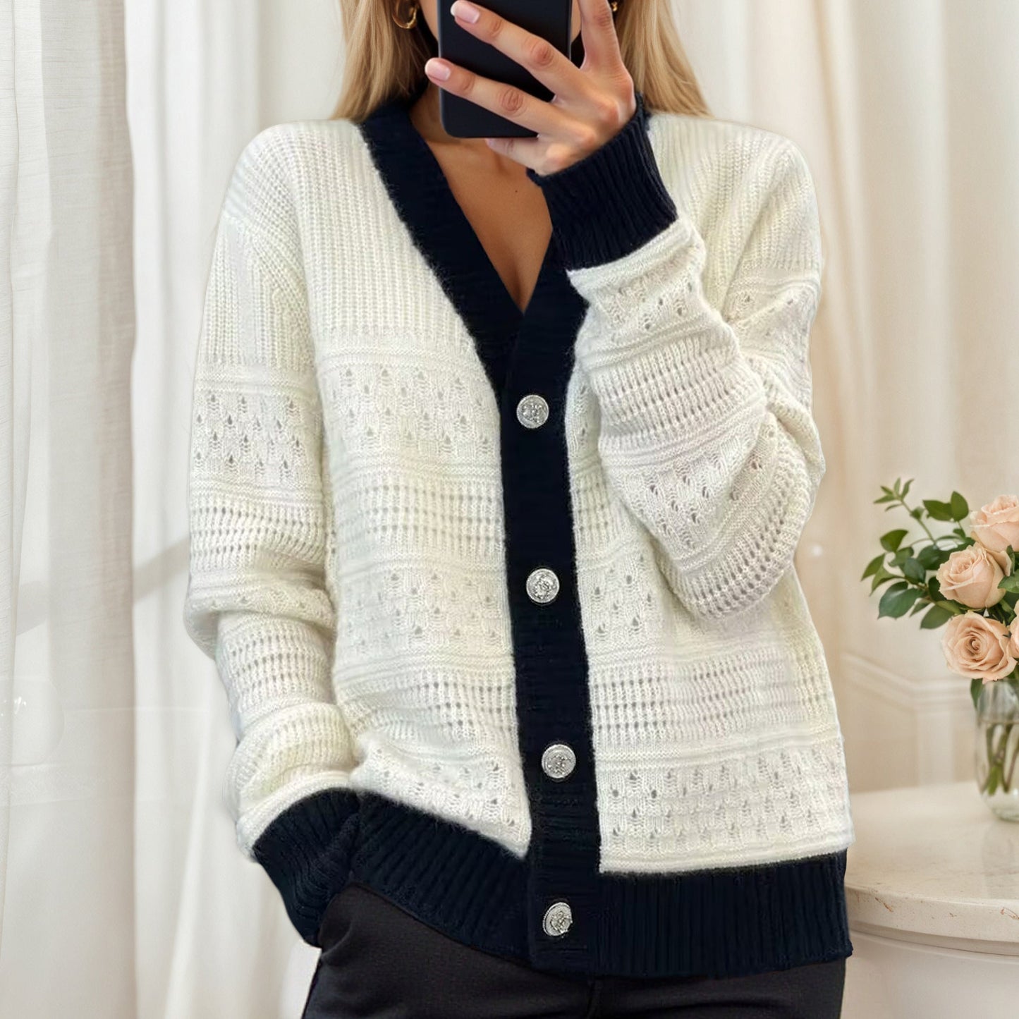 Women's cardigan with honeycomb pattern and elegant buttons NOVAE