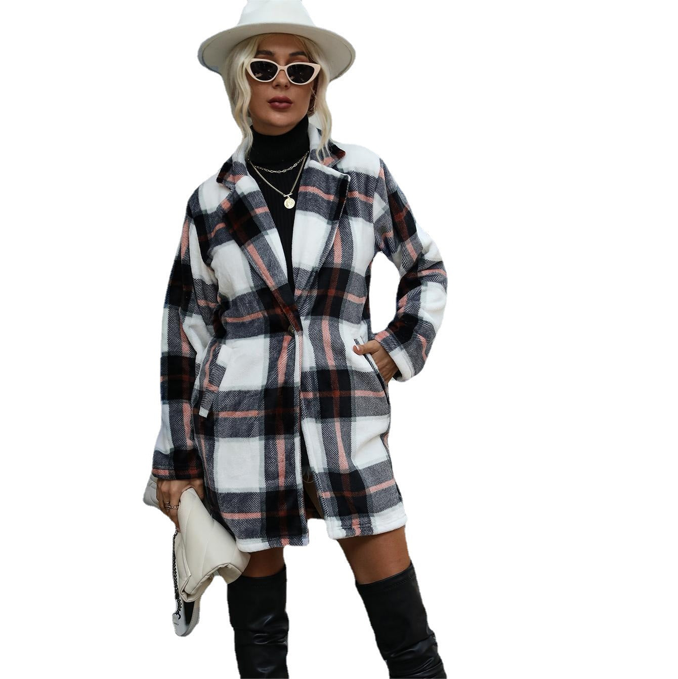 Women's checked fleece jacket with fashionable cut and practical pockets NOVAE