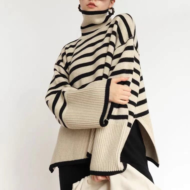 Women's Casual Knit Sweater with Block Stripes and High Collar NOVAE