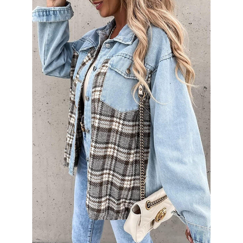 Women's checked denim jacket with a casual cut and modern details NOVAE