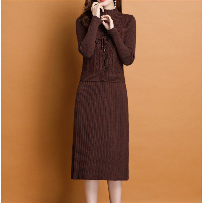 Women's elegant knit dress with high neckline and decorative cable design NOVAE