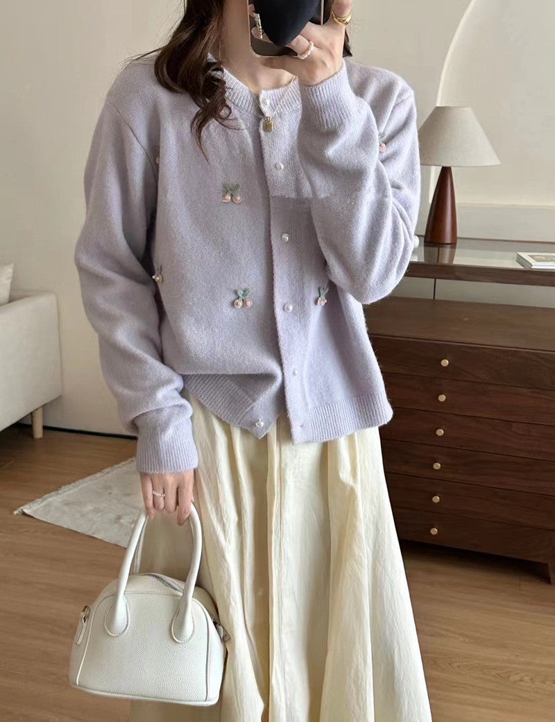 Women's Elegant Cardigan with Floral Appliqués NOVAE