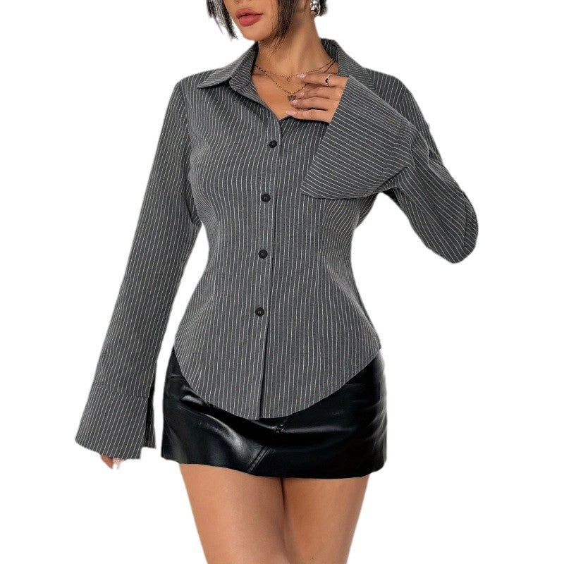 Women's elegant shirt blouse with striped design and wide flared sleeves NOVAE
