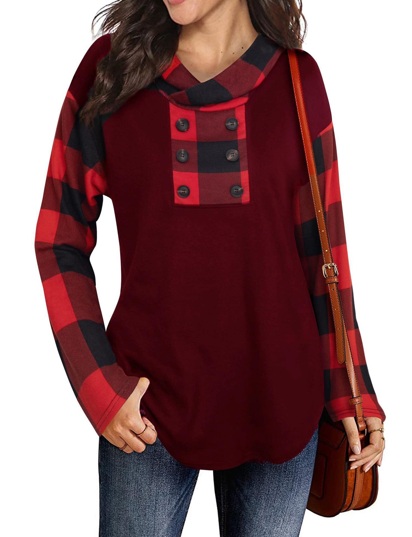 Women's fashionable sweatshirt with check pattern and button placket NOVAE