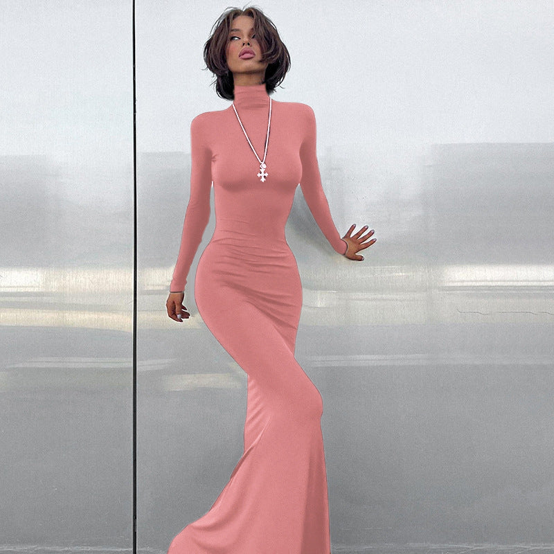 Women's elegant maxi dress with high neckline and figure-hugging cut NOVAE