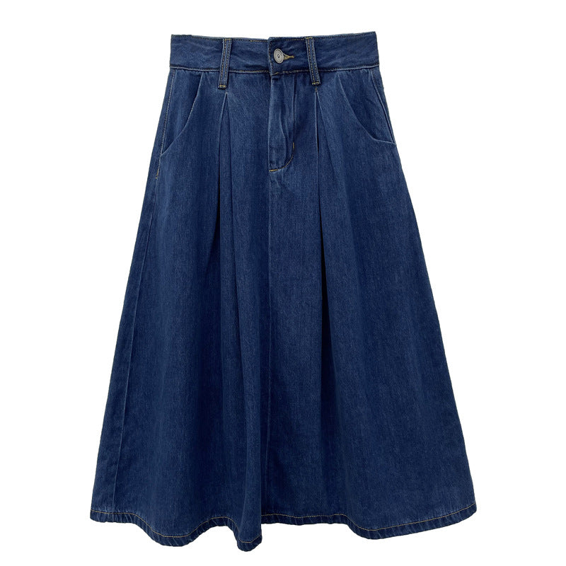 Women's Long Denim Skirt with Pleats and Side Pockets NOVAE