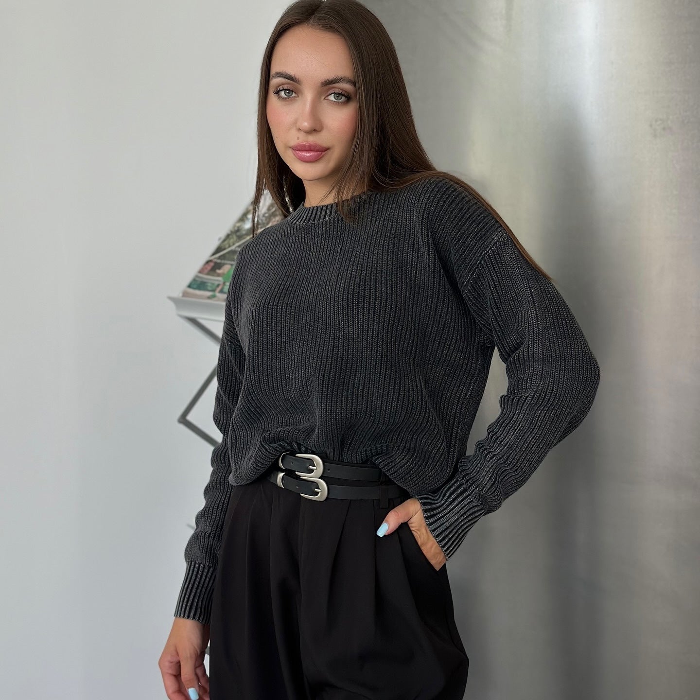 Women's chunky knit sweater with fashionable rib pattern NOVAE