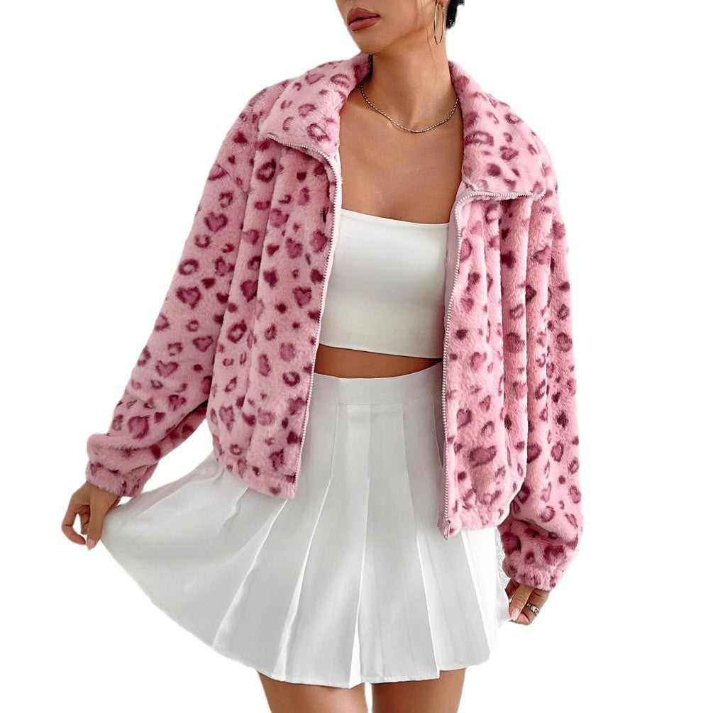 Women's fleece jacket with fashionable leopard print NOVAE