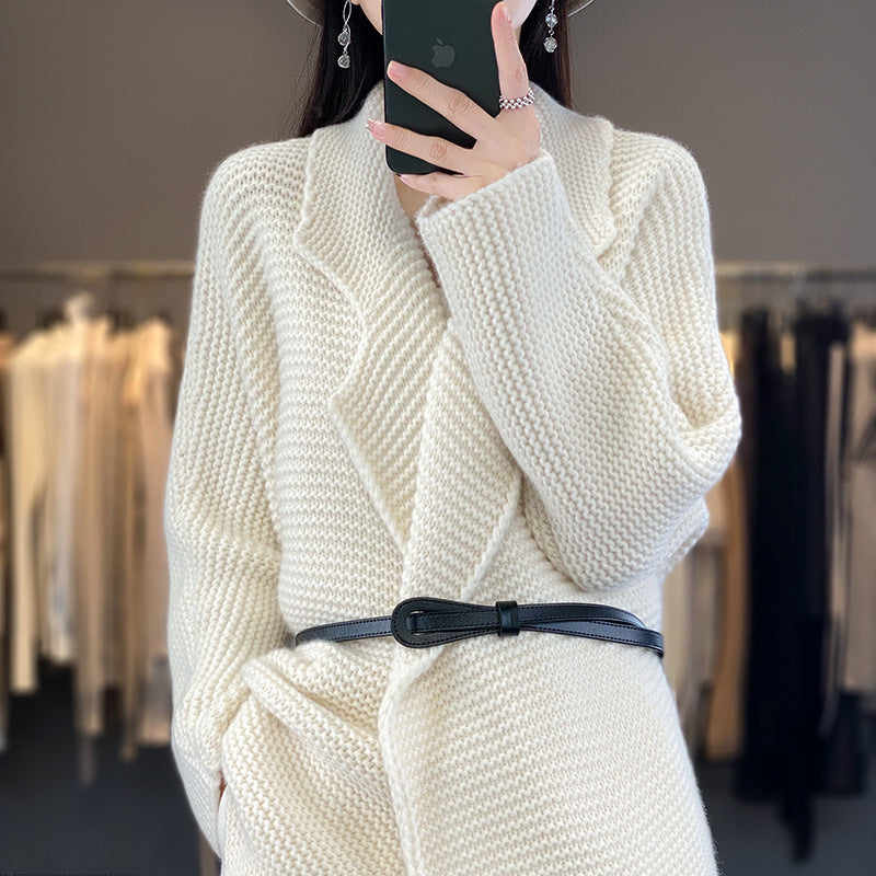 Women's chunky knit cardigan with elegant lapels and waist belt NOVAE