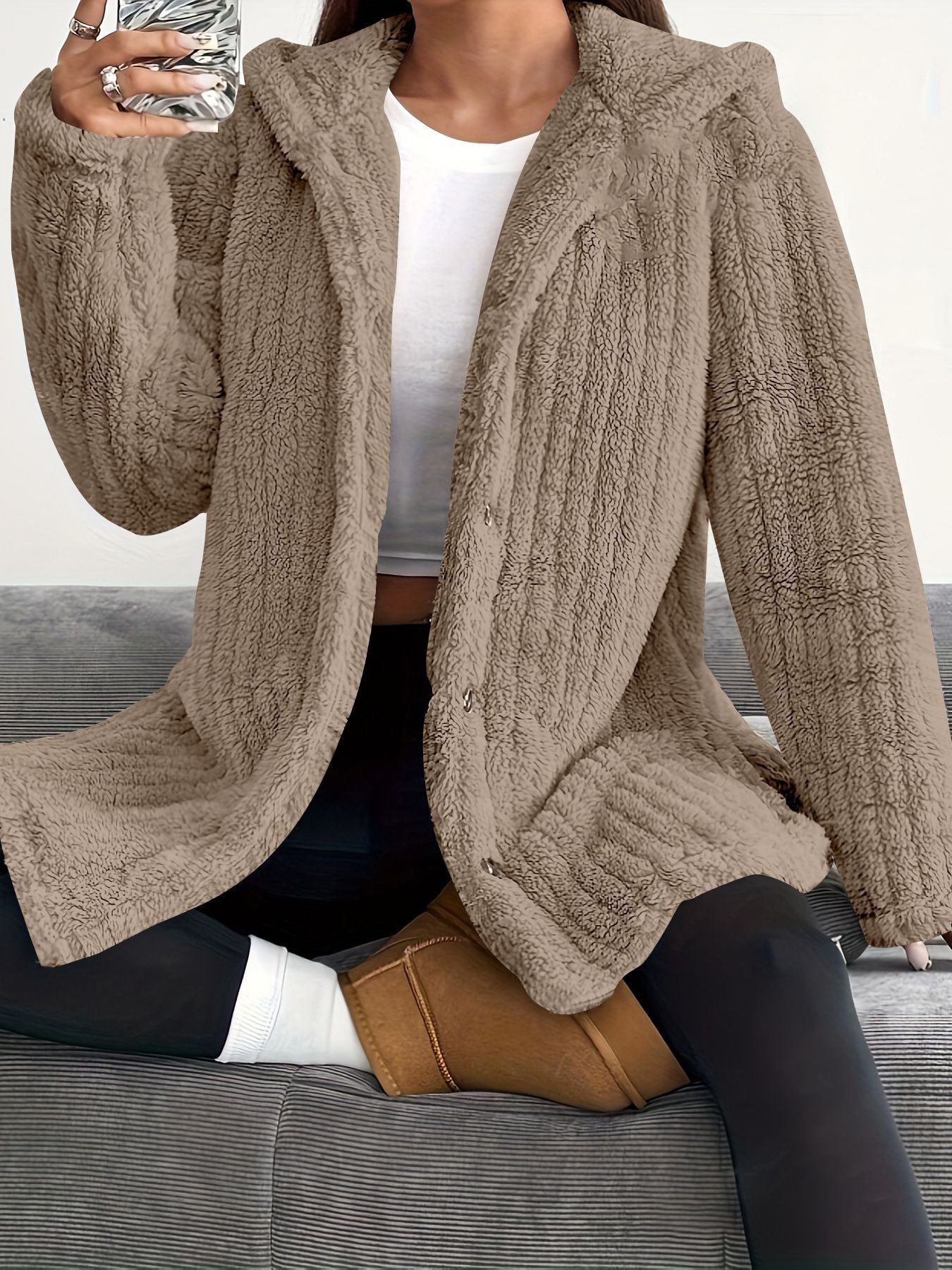 Women's Cozy Hooded Jacket with Button Details NOVAE