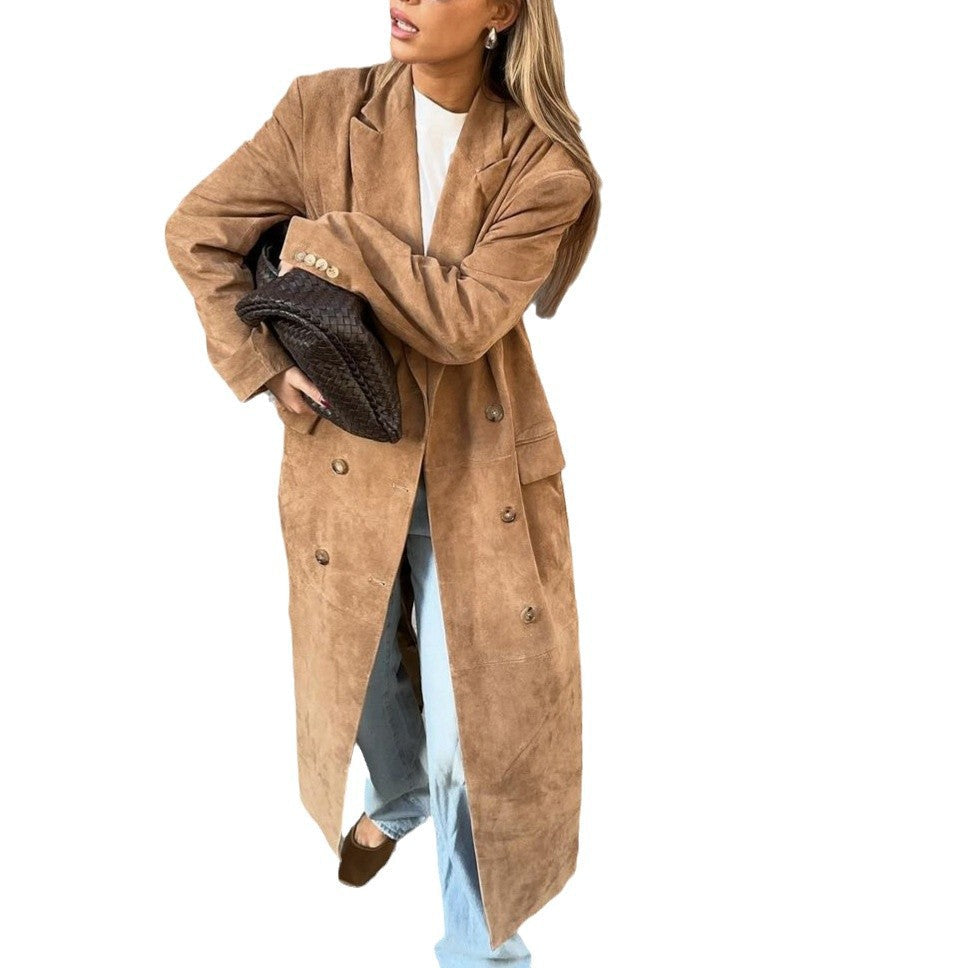 Women's elegant long coat with double button placket and practical pockets NOVAE