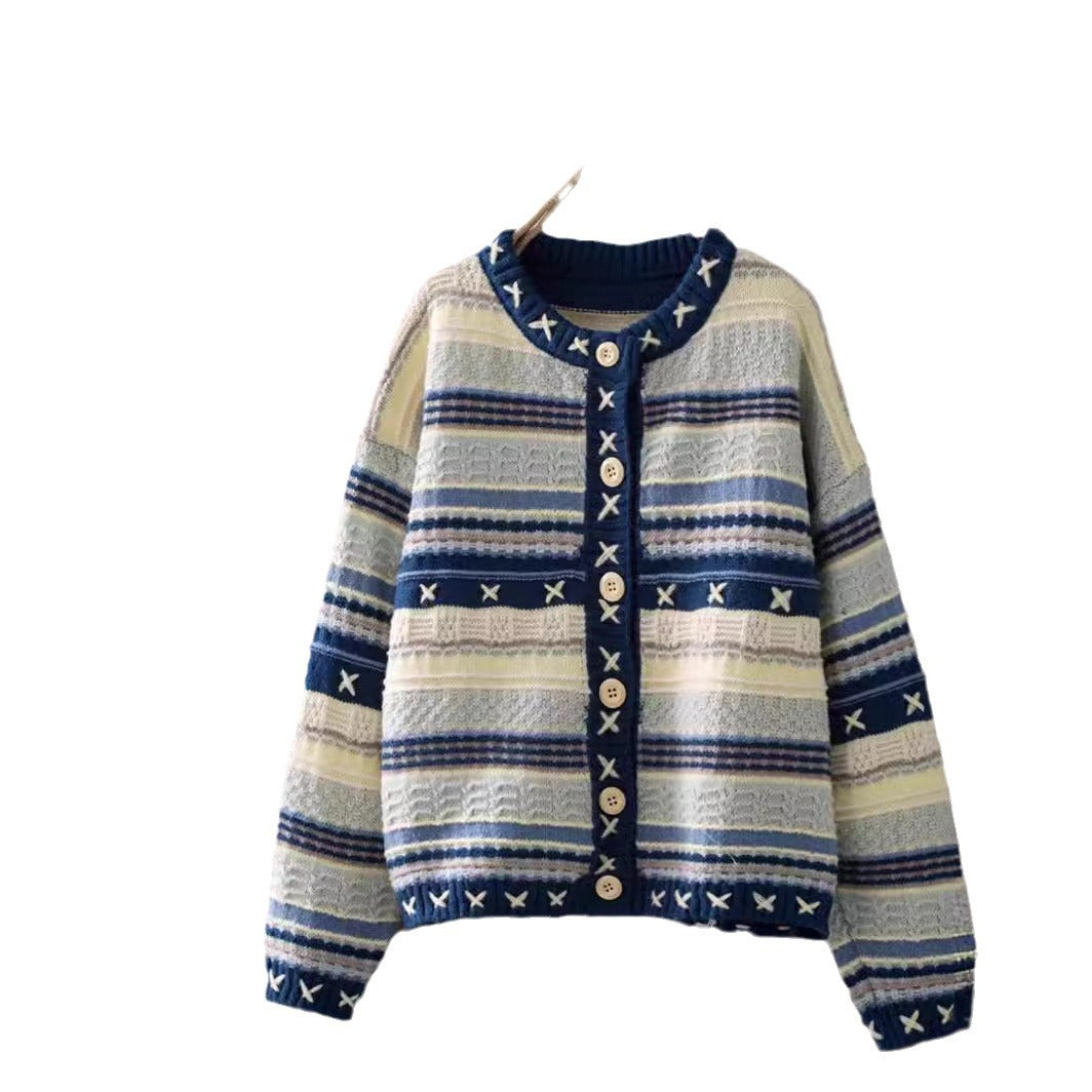 Women's Patterned Knit Cardigan with Decorative Buttons and Deep Pockets NOVAE