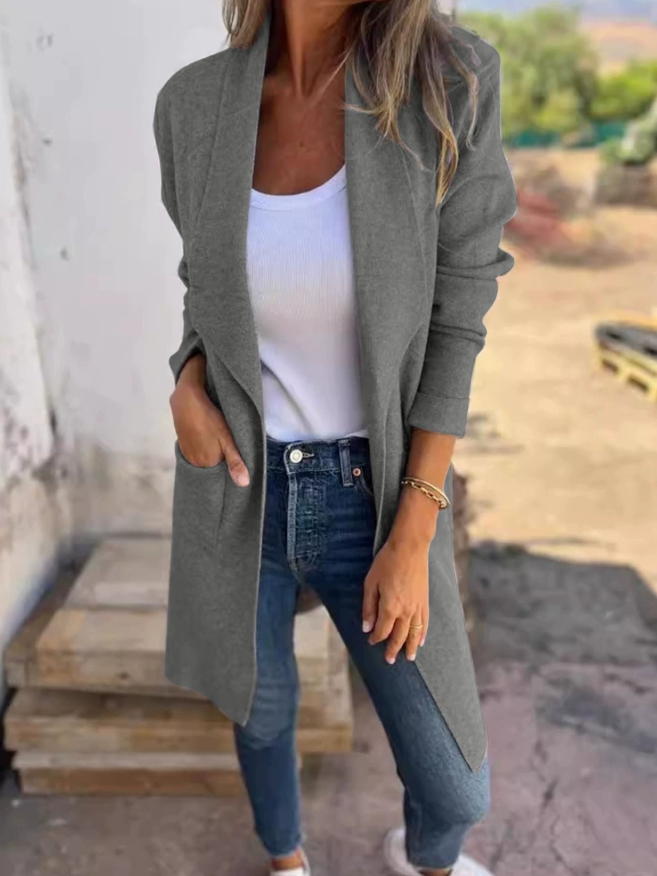 Women's casual long jacket with open cut and practical pockets NOVAE