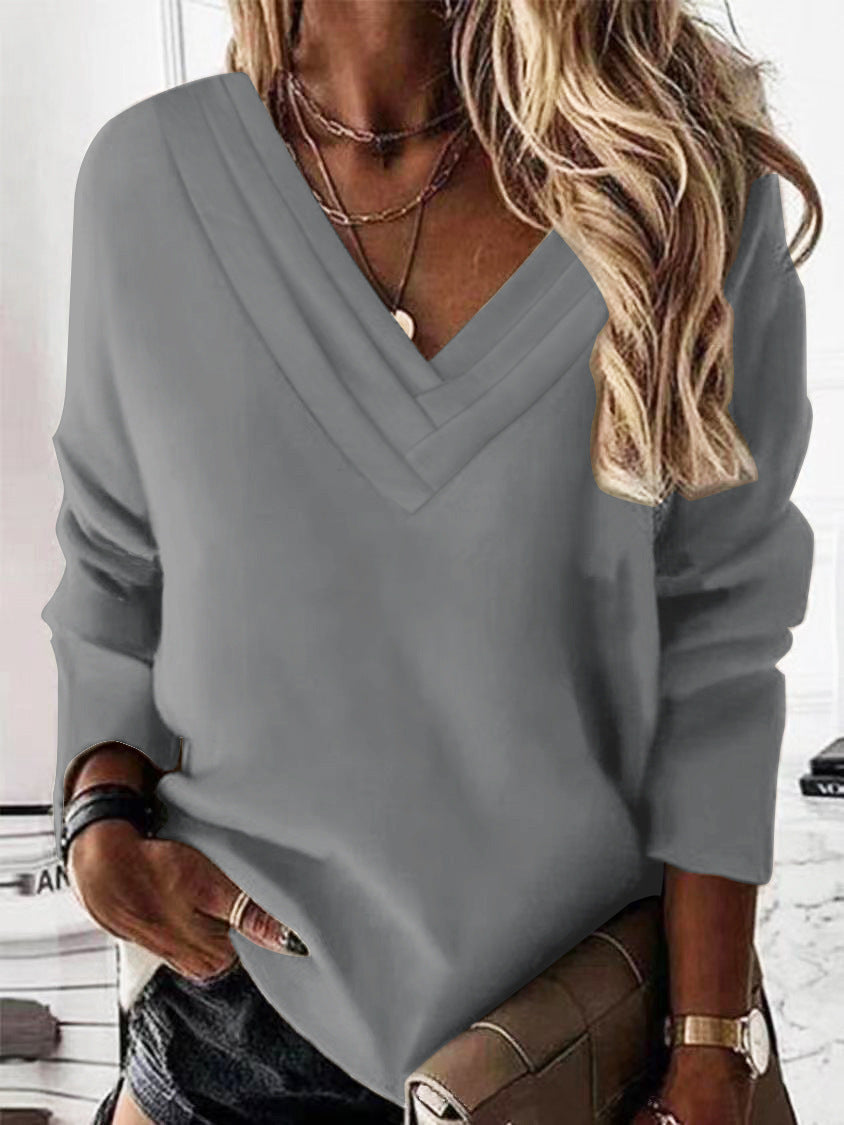 Women's V-neck sweatshirt with elegant pleated details NOVAE