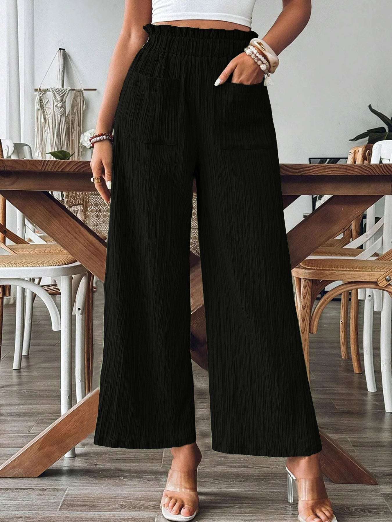 Women's wide-leg linen trousers with elasticated waistband and practical pockets NOVAE