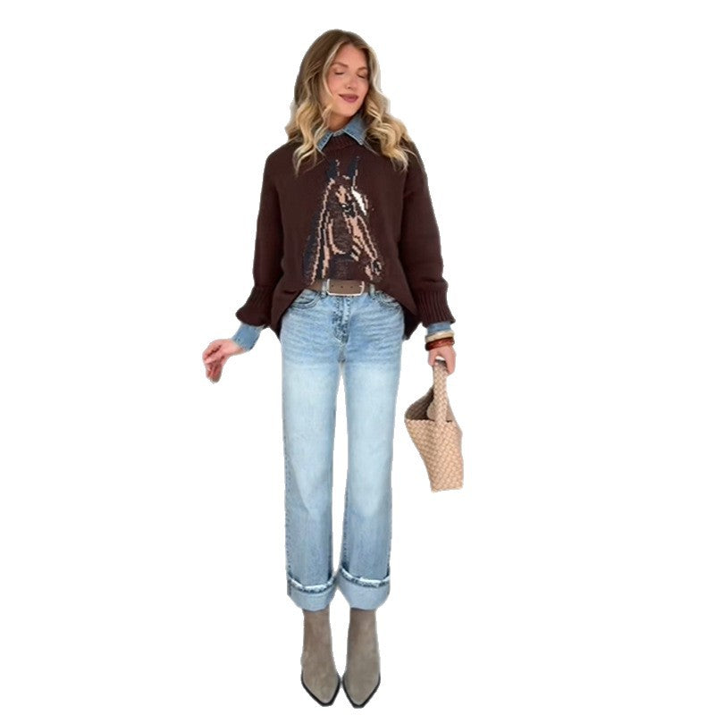 Women's sweatshirt with artistic animal motif and relaxed fit NOVAE