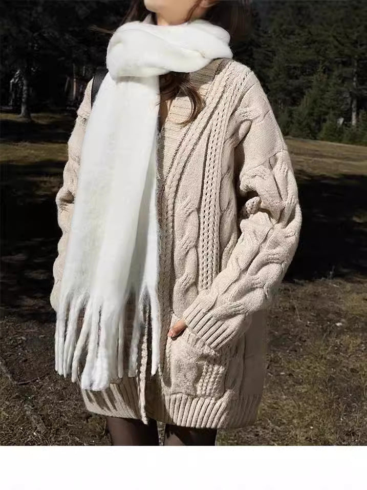 Women's knitted cardigan with deep V-neck and textured cable pattern NOVAE