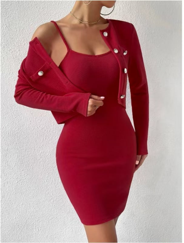 Women's elegant jumpsuit set with fitted jacket and shimmering buttons NOVAE