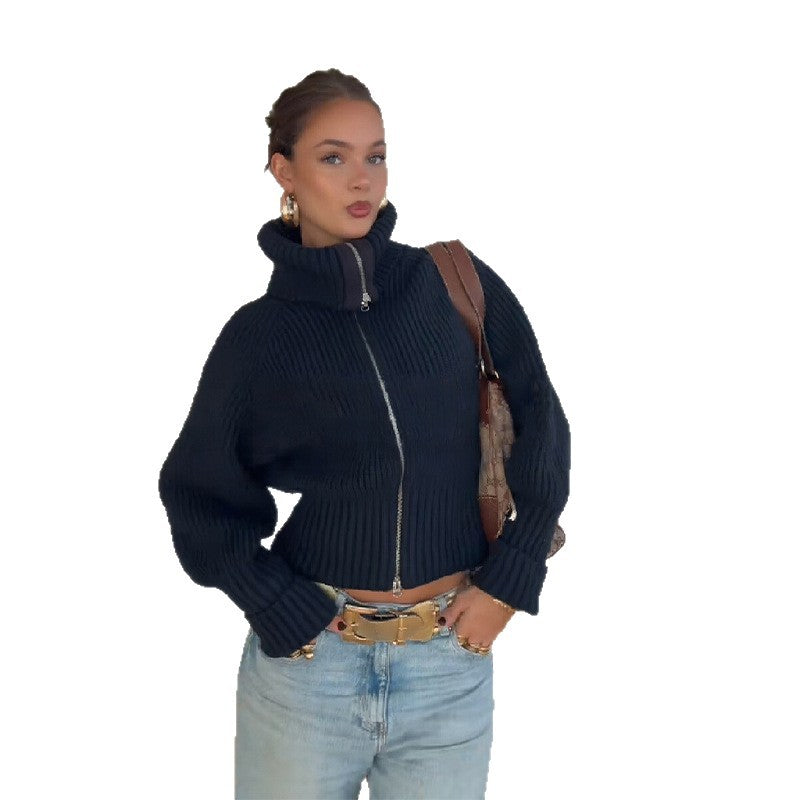Women's cardigan with high collar and fashionable zipper NOVAE