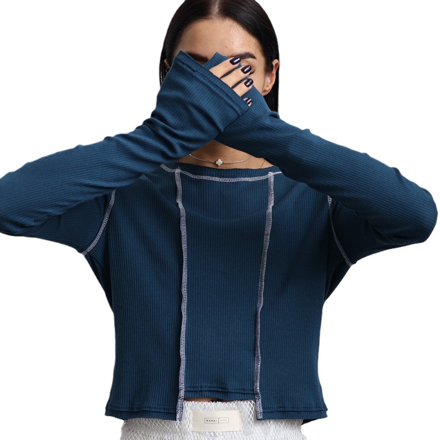 Women's casual long-sleeved top with retro-inspired ribbed texture and contrasting seams NOVAE